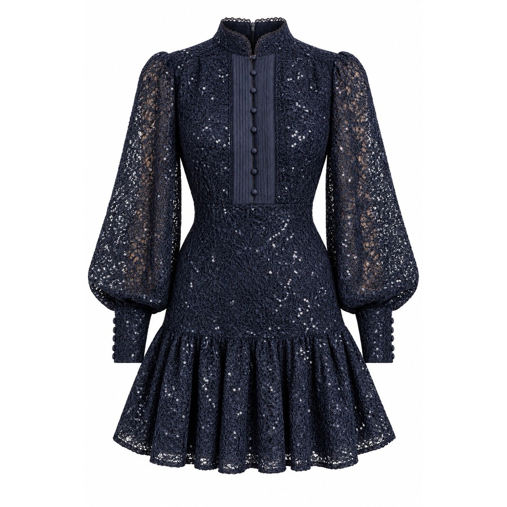 Bardot Remy Lace & Sequins Long Sleeve Navy Mini Dress Sz S Eveningwear Cocktail